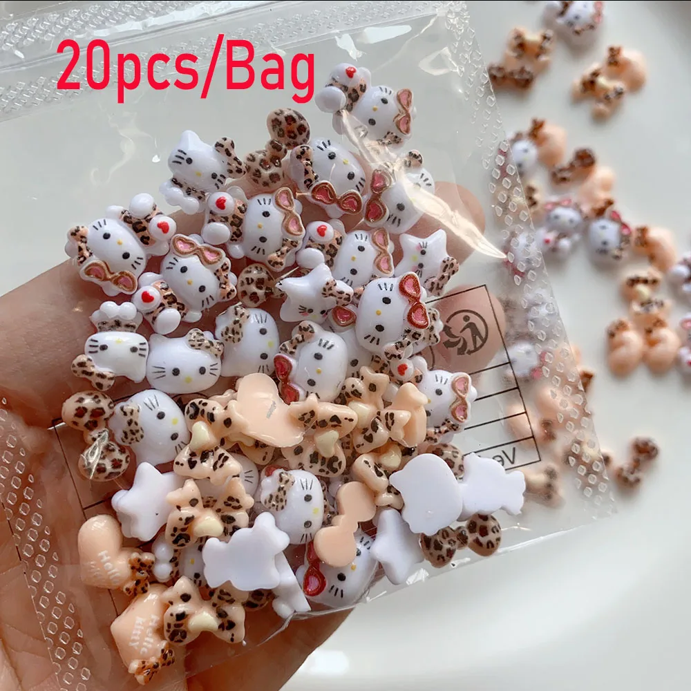 20個入りミックス3Dレオパードハローキティネイルアートデコレーション秋の斑点模様かわいいハートスターボウノットネイルチャームDIYマニキュア用品