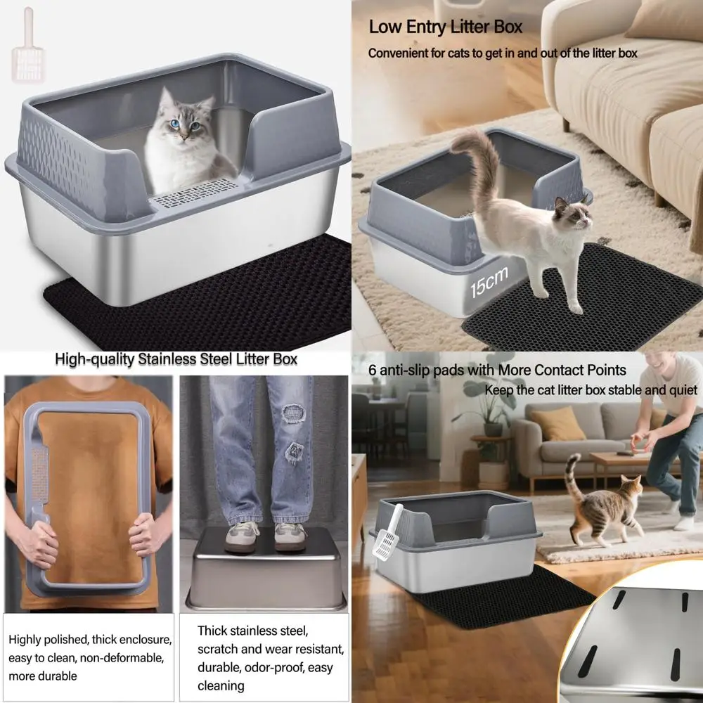 

Закрытый лоток из нержавеющей стали с крышкой, ковриком и лопаткой для кошек и котят — высокосторонний, большой емкости, легко очищаемый Ki