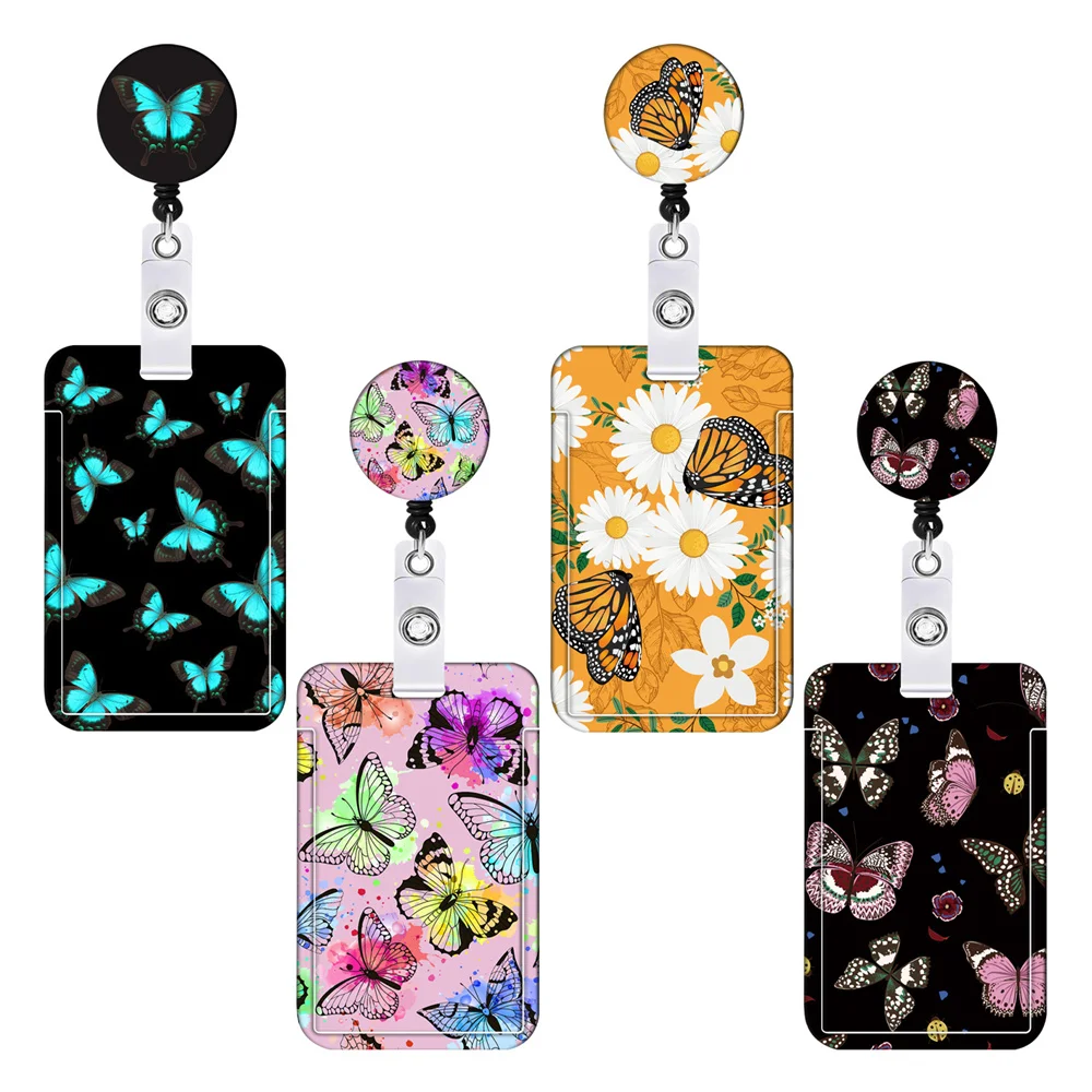 Butterfly Print Retractable Badge Reel Set with Lanyard Nurse Doctor Medical Worker Student Exhibition Business ID Card Holder