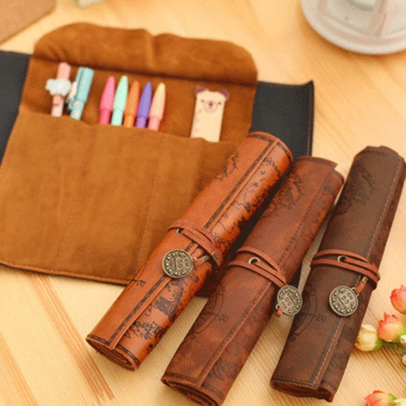 PU Leather Pencil Case Treasure Map Retro Roll Pencil Bag for Boy Students Kids Back to School Anime Stationery Supplies Gift