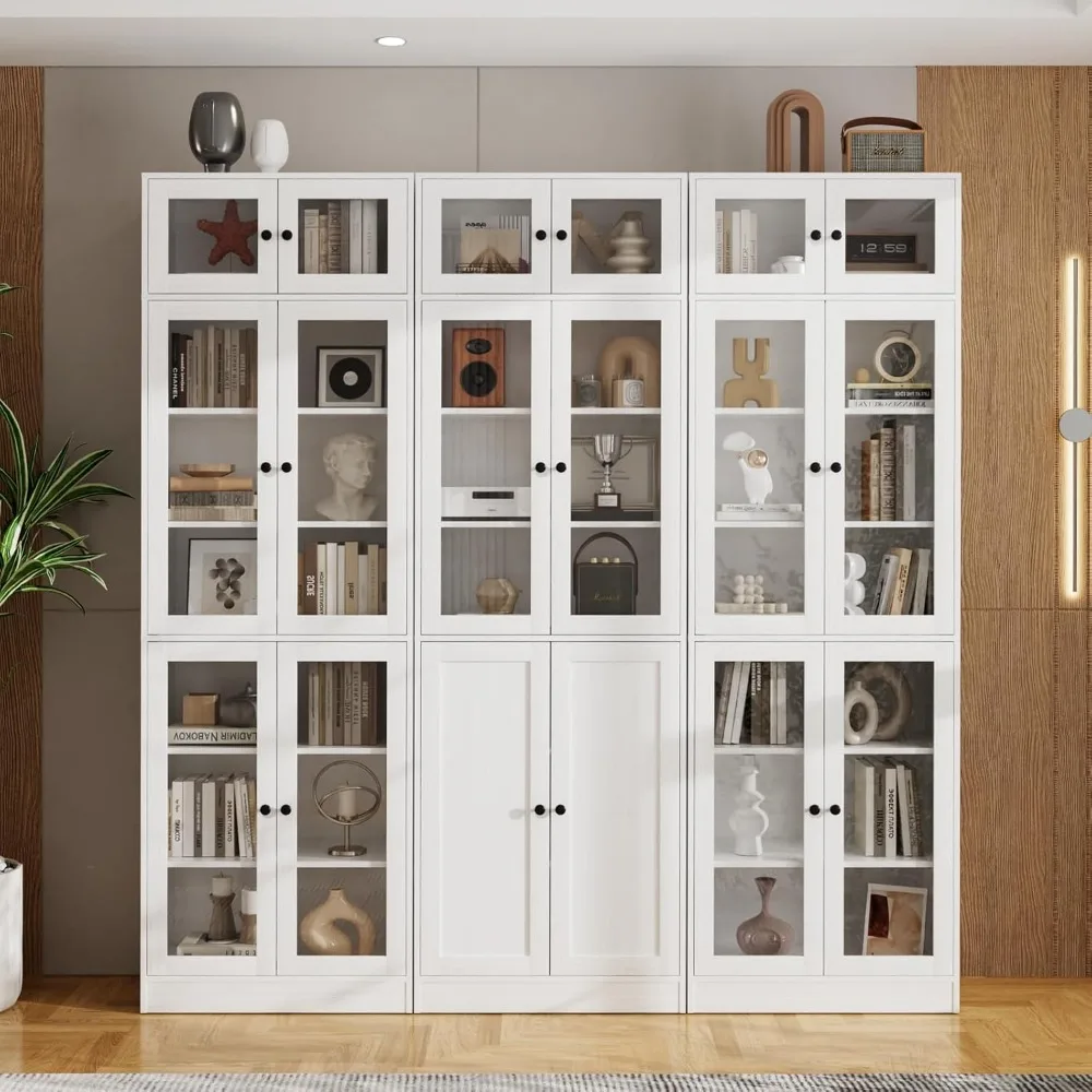 

85.5" Tall Curio Cabinet, Classic Bookcase with Doors, Elegant 7 Tier Bookshelf, DIY Large Bookcase, Glass Display Cabinet