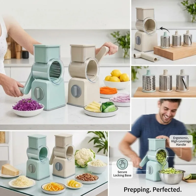 Manual Rotary Vegetable Grater Slicer with Interchangeable Blades Hand Crank Kitchen Tool for Cheese Veggie Fruit