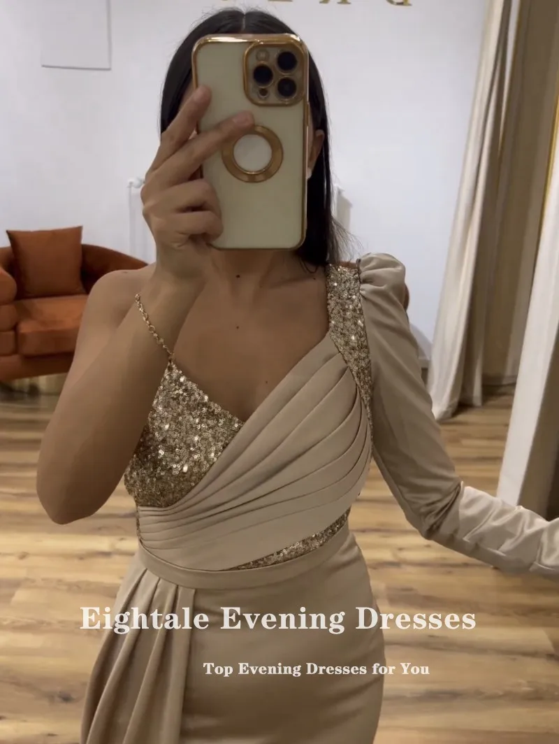 Eightale Arabic Evening Dresses One Long Sleeve Satin Mermaid Prom Gown Satin Champagne Wedding Guest Party Gown Robes De Soirée