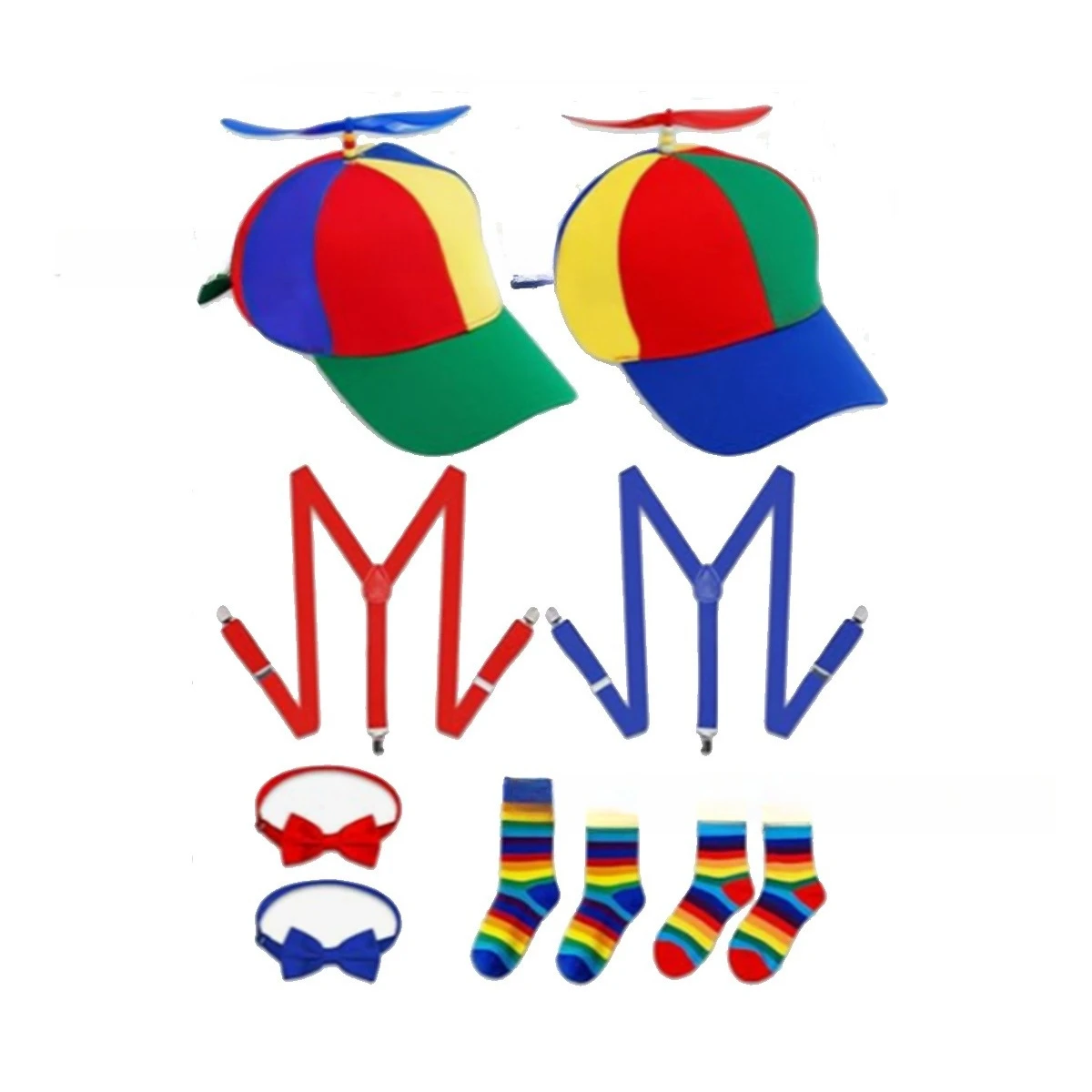 إكسسوارات أزياء المهرج للهالوين، مجموعة ربطة عنق بحزام قبعة حمراء ملونة حلزونية