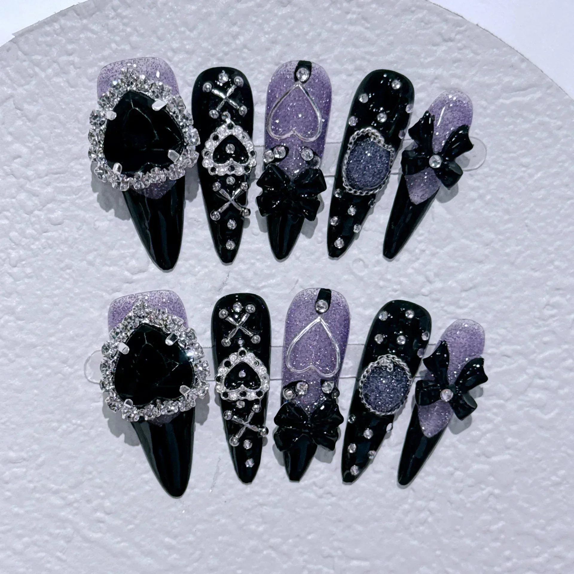 10pc Detachable Stiletto Almond Hot Girl y2k Press On Nails Ballet Black Fake Nails With Love Bow Purple Full Cover Nail Art Tip