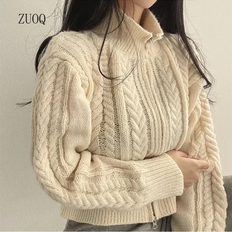 

Осень-зима женский вязаный кардиган корейские студенты двойная молния с круглым вырезом однотонный офисный женский свитер пальто женский трикотаж