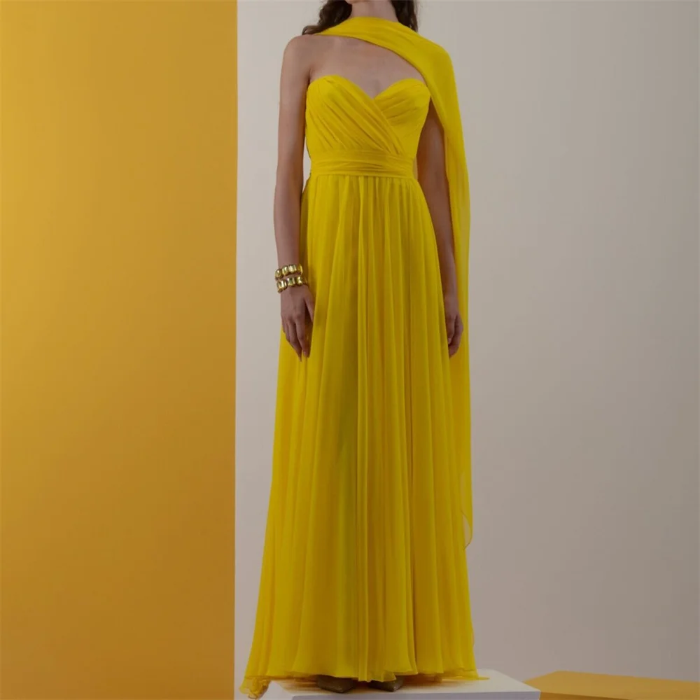 Muloong Yellow Strapless A Line Midi Dress Chiffon Floor Length One Shoulder Flowy Design Special Event Dress With Pleated