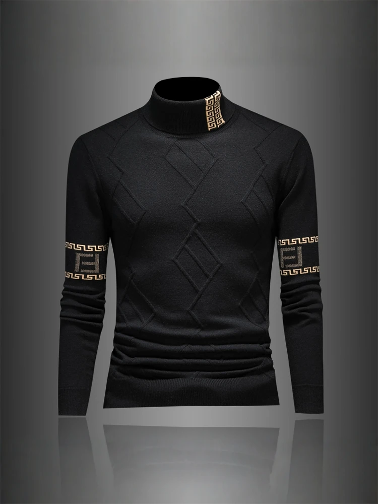 

Thiened Woolen Knitted Base irt Men's Faion Winter Casual Geometric Pattern High Collar Sweater Youth ular Sle