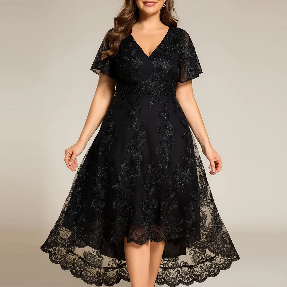 

Customized Elegant Mother of Bride Dresses Women's V Neck Short Sleeves Appliques Tulle Tea Length A Line Cocktail Party Dress