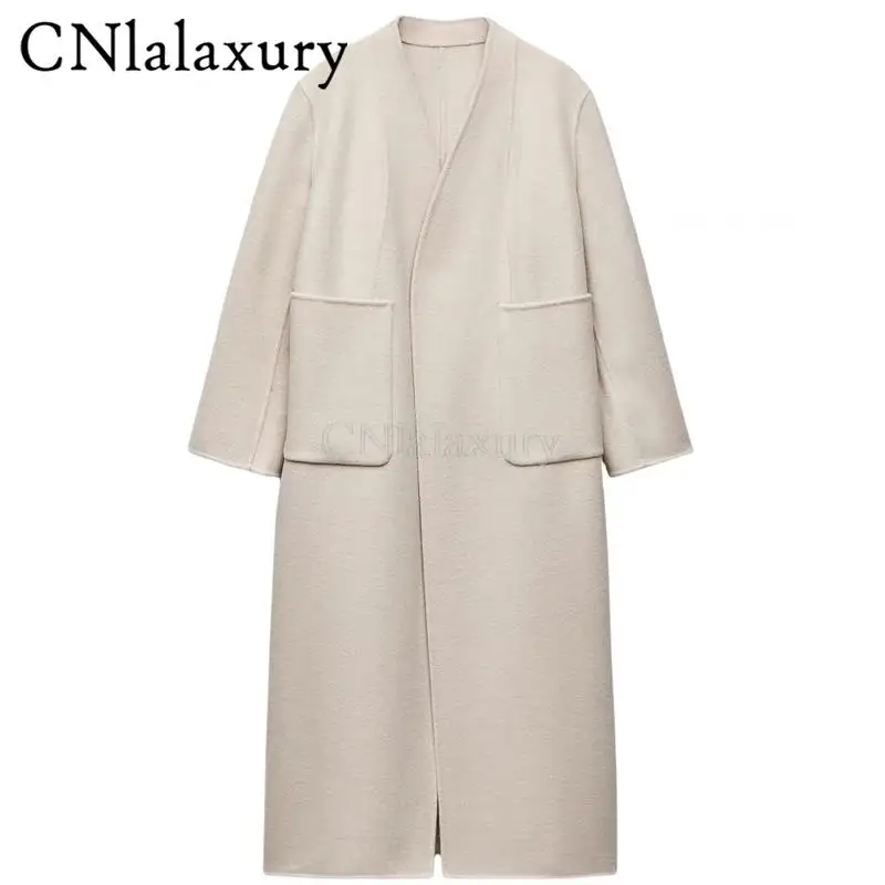 CNlalaxury 2024 Autumn Winter Women New Solid Color Fashion Simplicity Long Woolen Coat V Neck Unbuttoned Coat Female Coat Tops