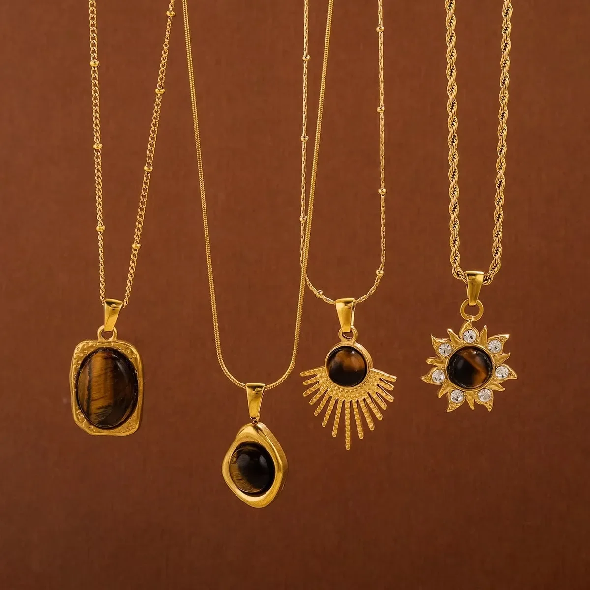 

1 PCS Stainless Steel Brown Tiger Eye Stone Pendant Necklace for Women Men Vintage Fine Sweater Chain Jewelry Accessories 2024