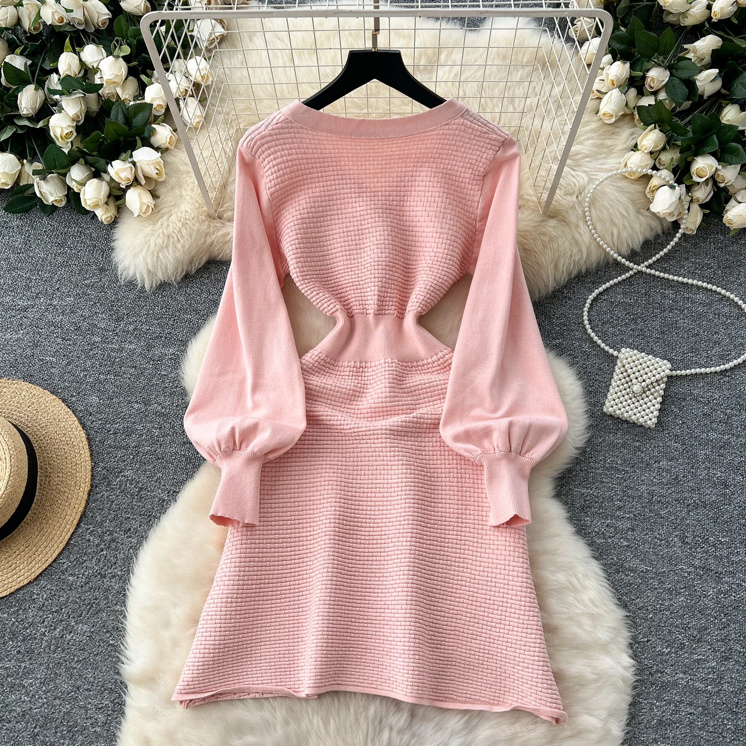 Elegant Long Lantern Sleeve Vintage V-neck Chic Diamonds Buttons Slim Knit A-line Dress Office Lady High Street Winter Clothing