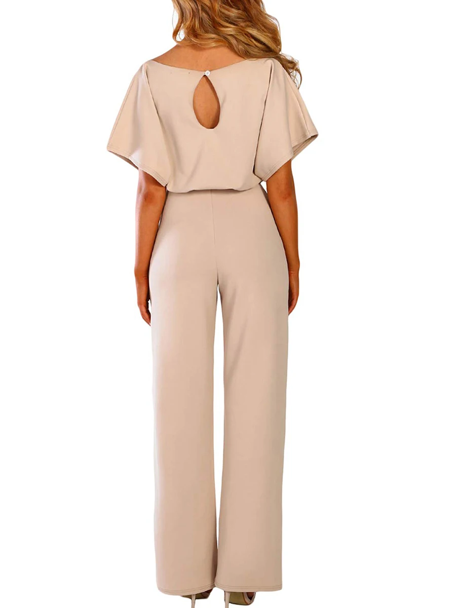 Women Daily Fashion Versatile Jumpsuit Sexy Solid Color Jumpsuit V-Neck Short Sleeve Open Back High Waist Elastic Loose Jumpsuit