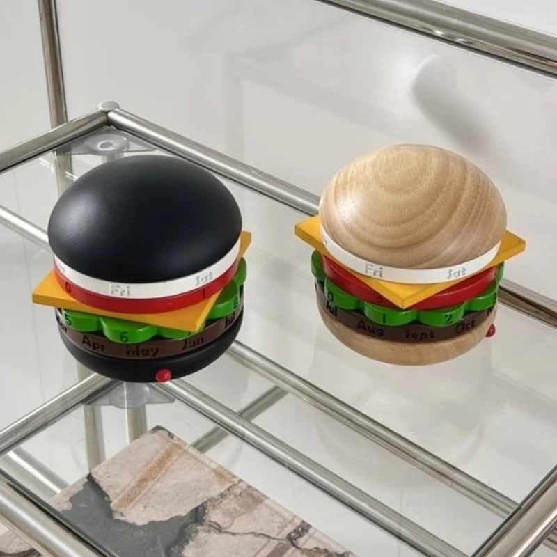

Wooden Burger Calendar Desktop Ornament Perpetual Calendar Rotating Table Calendar Room Decoration Creative Birthday Gift