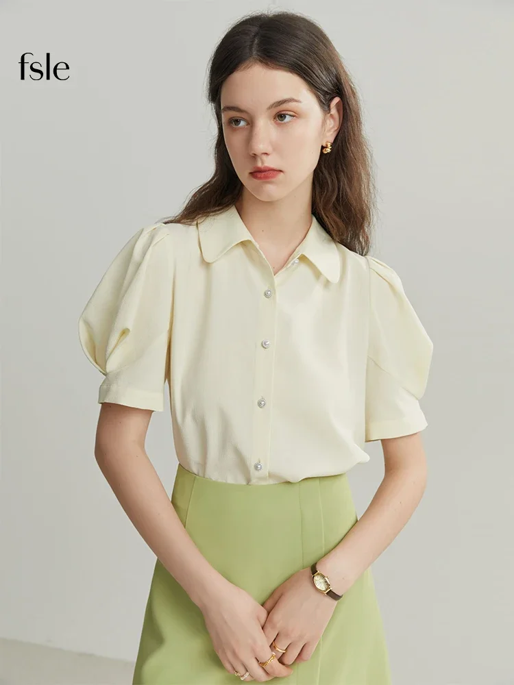 FSLE Summer 2022 New French Court Style Women Shirts Puff-sleeved Short Sleeve Elegant Vintage Casual Female Blouses Tops