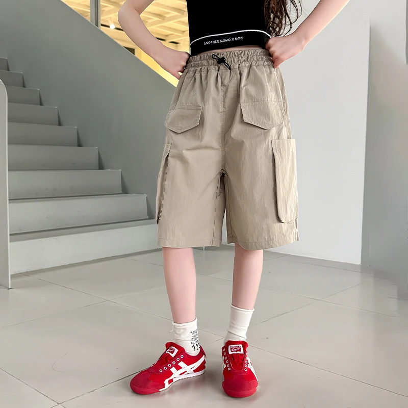 

2025 New Summer Children Cotton Cargo Shorts with Side Pocket for Girls Casual Knee Length Pants Khaki Black Color Age 5-14 Y