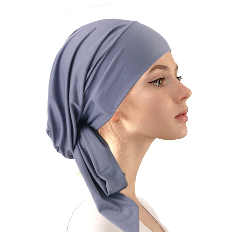 Pre-tie Solid Color Turban Ethnic Elastic Ribbon Head Scarf Islamic Bottoming Hat Fashion Beanie Hat Durags For Women Wrap Head