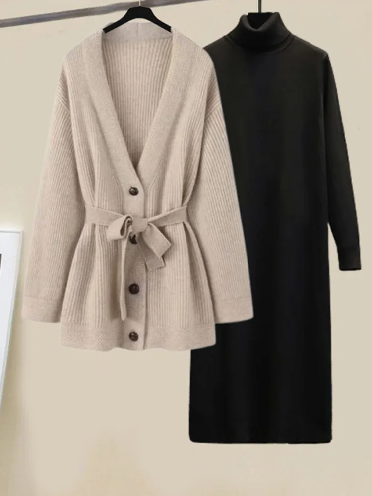 Oversized Women's Winter Set 2023 New Korean Fashion Sweater Waist Shrinking Slim Dress Two Piece Set Fashion