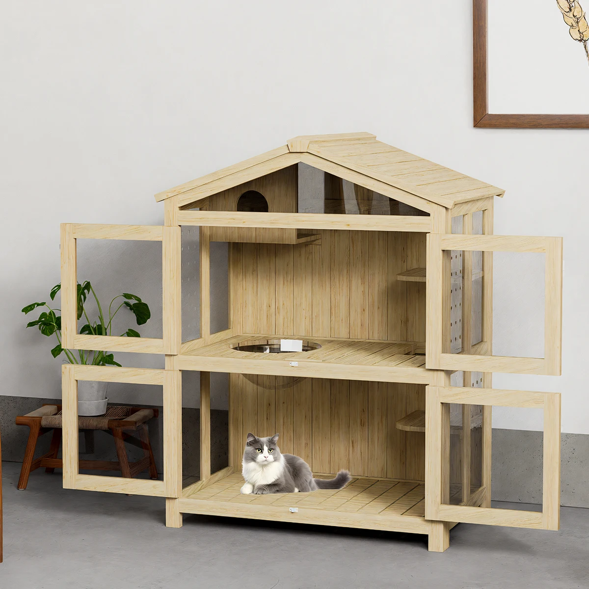 Solid wood cat villa home indoor all seasons, upper and lower two-storey large-size integrated cat nest with toilet