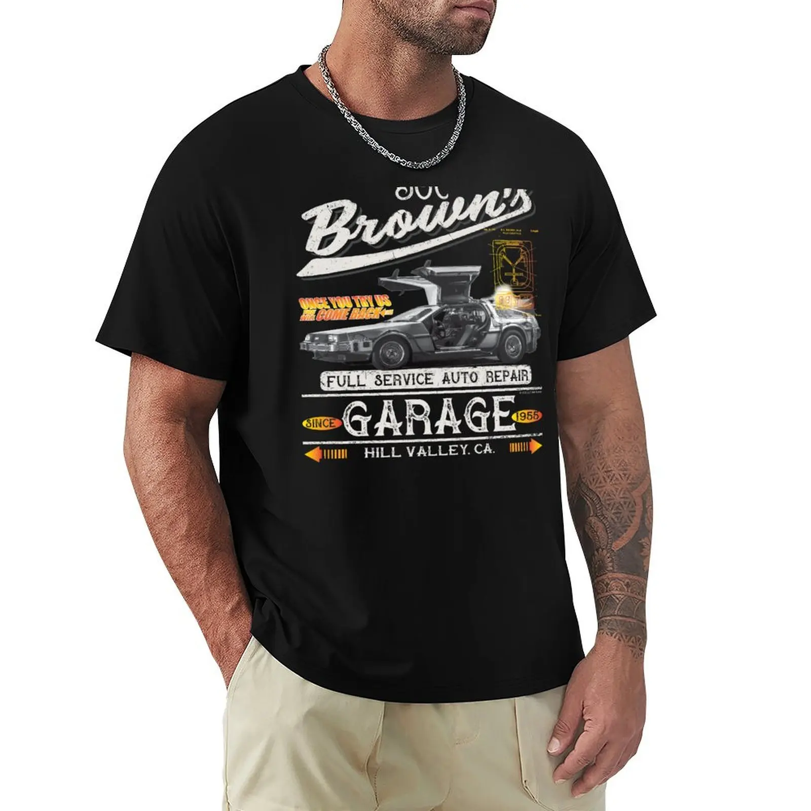 Doc Brown's Auto Repair Garage DeLorean Car (? UCS LLC and Amblin) T-Shirt Simple Line Art Print Tee