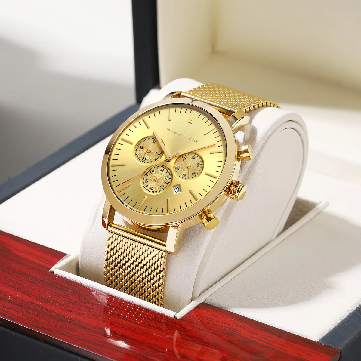 Hannah Martin Multifunctional Quartz Watch Mens Movement Steel Mesh 45mm Timing Dial Gold Hot Selling Waterproof Watches Clock