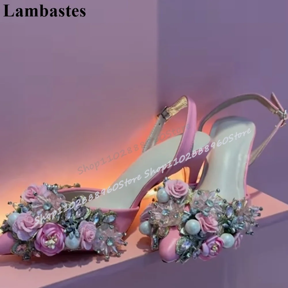 

Graceful Slingback Pink Flower Pearl Decoration Sandals Stilettos High Heel Shoes For Women Back Strap Pointed Toe Design Shoes