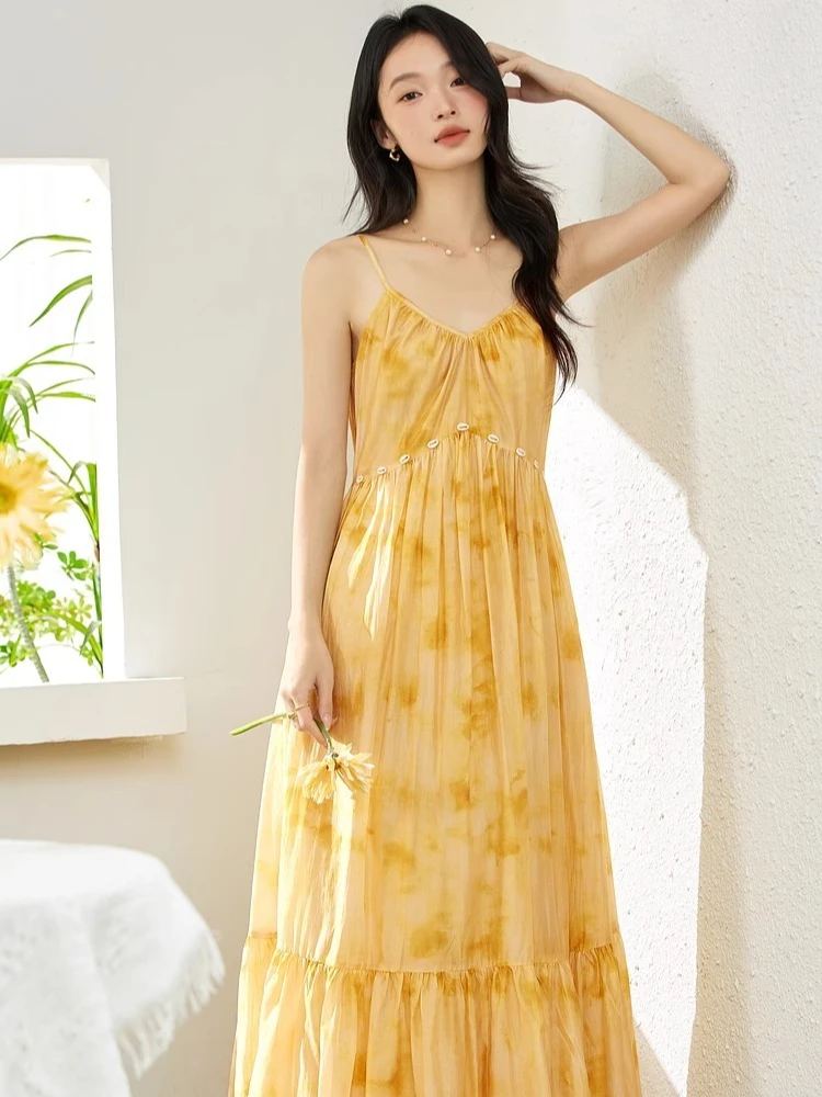 

VIMLY Long Dress Woman 2025 Summer Vacation Yellow Floral A-line Women's Dresses Elegant Spaghetti Strap Ladies Clothing A1896