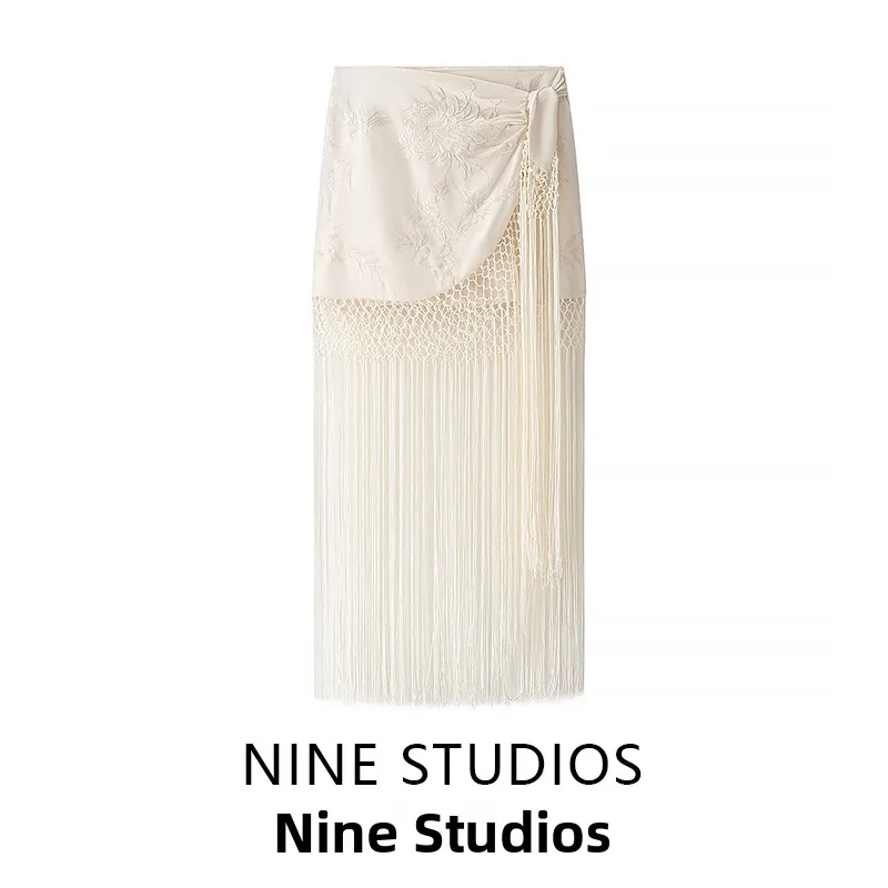 

High Waist Midi f Skirt with Lace Embroidery Tassel Decorations Women's Faion Spring 2025 Polyester Fiber H-ape