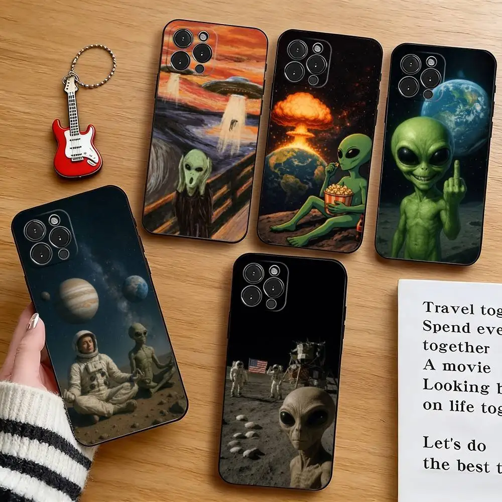 

Funny Aliens UFO Phone Case For iPhone 17, 16,15,14,13,12,11 Plus,Pro Max, Others Soft Black Cover