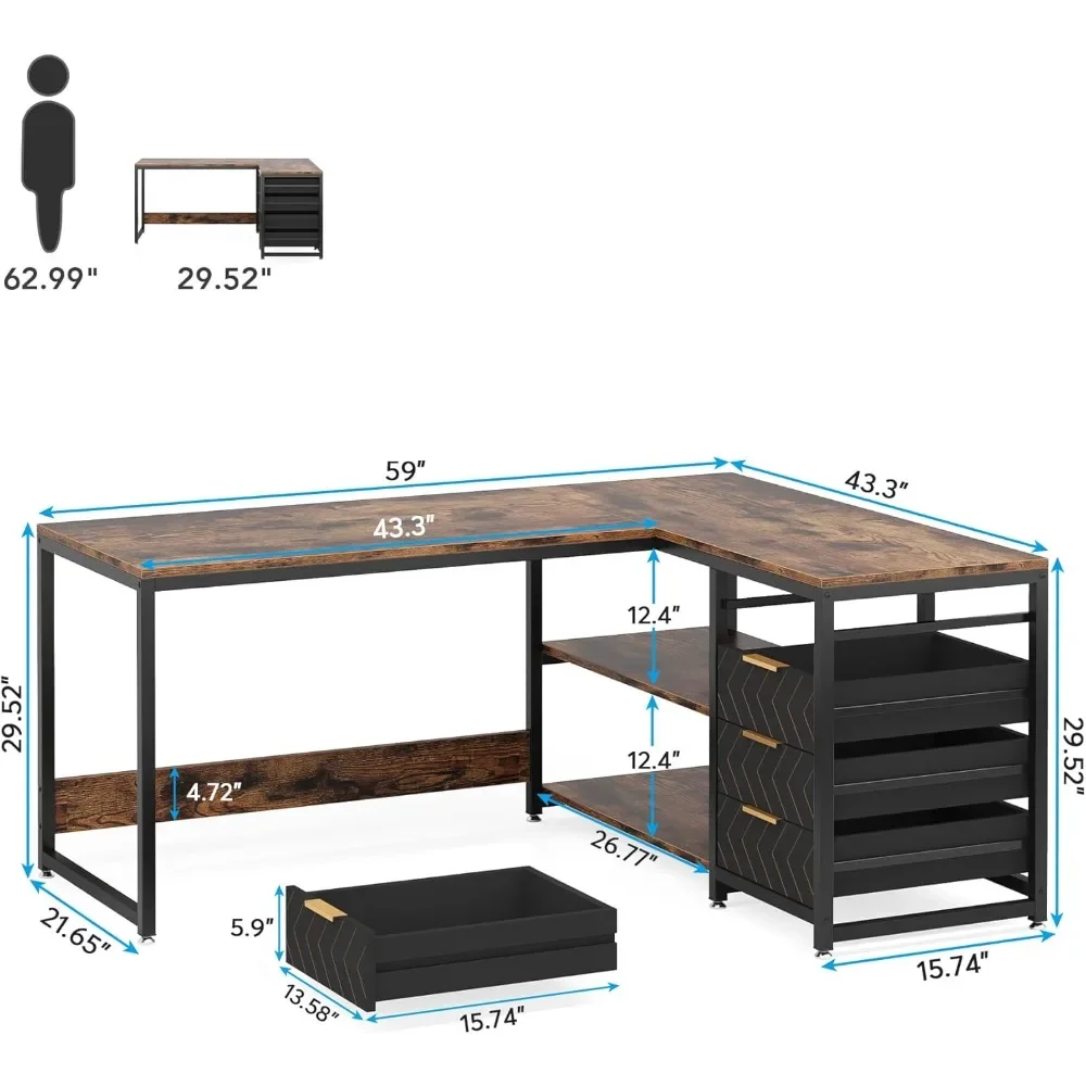 L Shaped Computer Desk with Storage Drawers, 59 inch Corner Desk with Shelves, Reversible L-Shaped Office Desk Study Writing