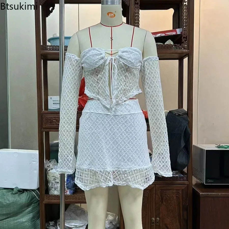 New Women's Sexy 2-Piece Sets Off-Shoulder Long Sleeve Wrap Chest Tie-Up Irregular Short Dress for Fashion Party Club Streetwear - view 6