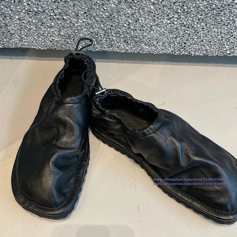 

Wrinkled Elastic Strap Men's Flat Shoes Black Leather Casual Shoe Soft Leather Soft Sole Square Toe Loafers Handmade Men's Shoes