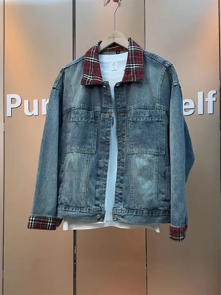 

Retro Waed American Sle Men's Plaid Patchwork Denim Jaet Casual Workwear Collared Coat Worn-In Look Classic irt