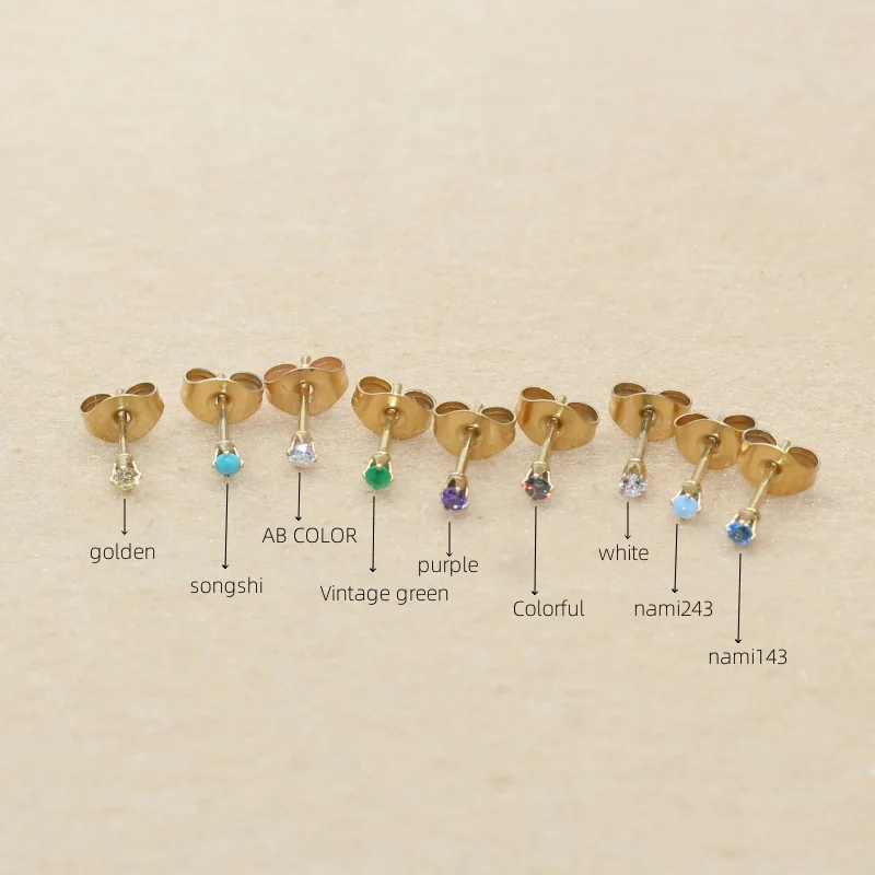 Stahl Goldfarben Mini 2mm AAA Runde Bunte Zirkon Ohrstecker Edelstahlnadel Hypoallergener Schmuck Set von 20 Stück – Detail 5