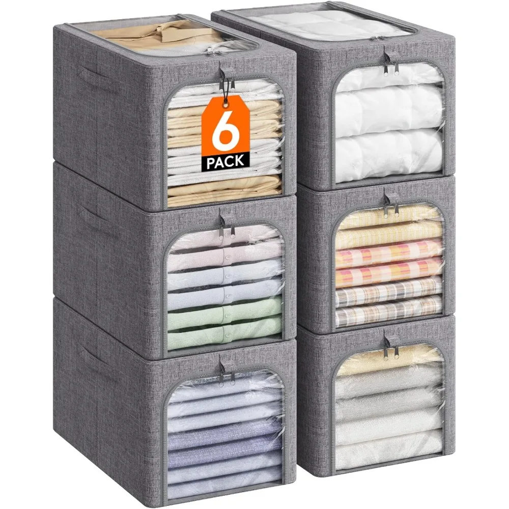 6 Pack Clothes Storage Bins with Metal Frame,Foldable Clothing Lids,40L Stackable Box Bags Fabric Organizer Clear Window Zippers