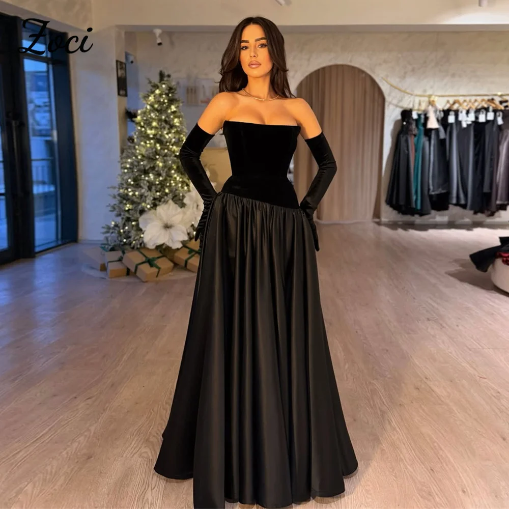 

Zoci Black Detached Sleeves Evening Dresses Velvet Satin Formal dropped Formal Occasion Dresses Vestidos De Fiesta Customized