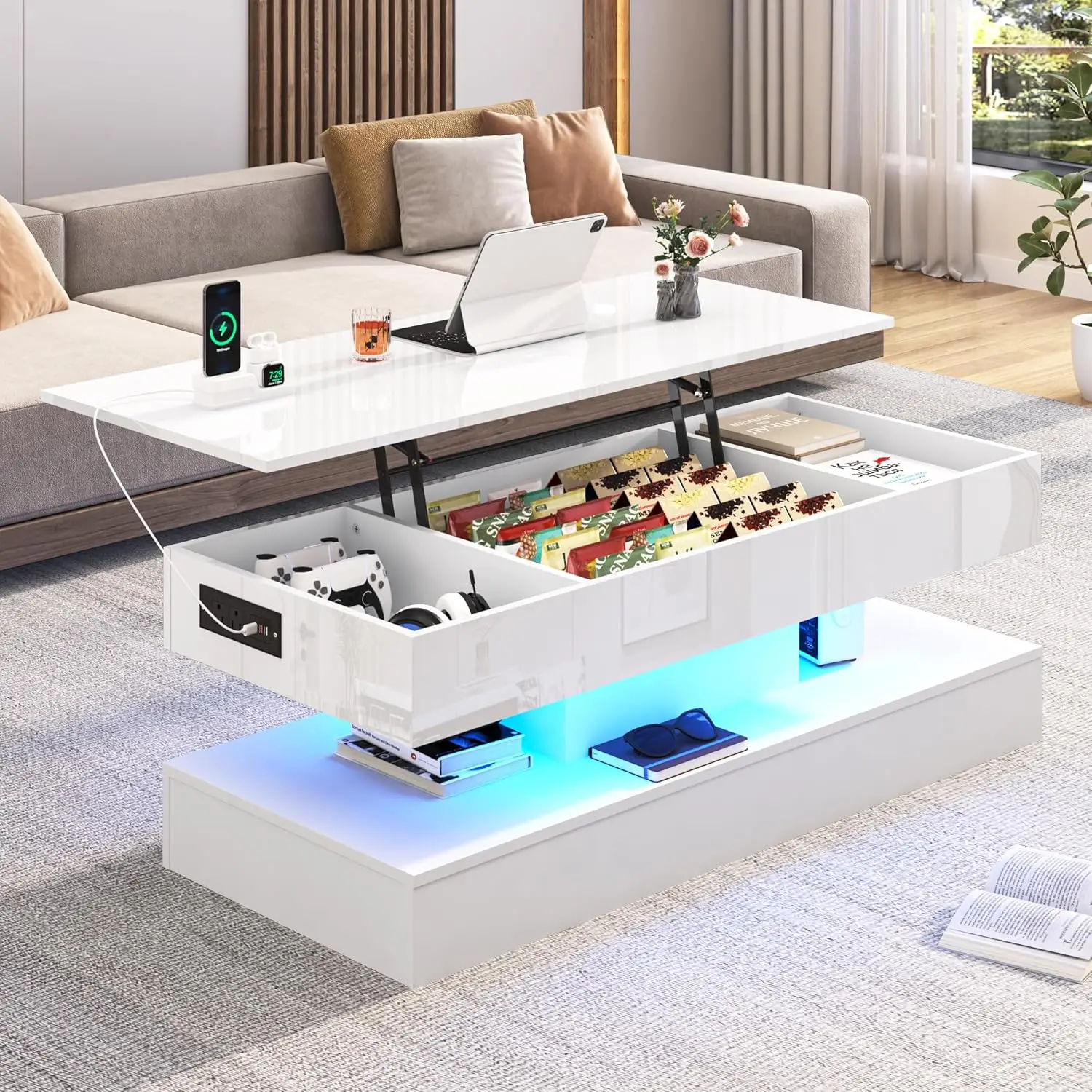 Mesa de centro moderna de color blanco brillante con LED y cajón de almacenamiento para sala de estar