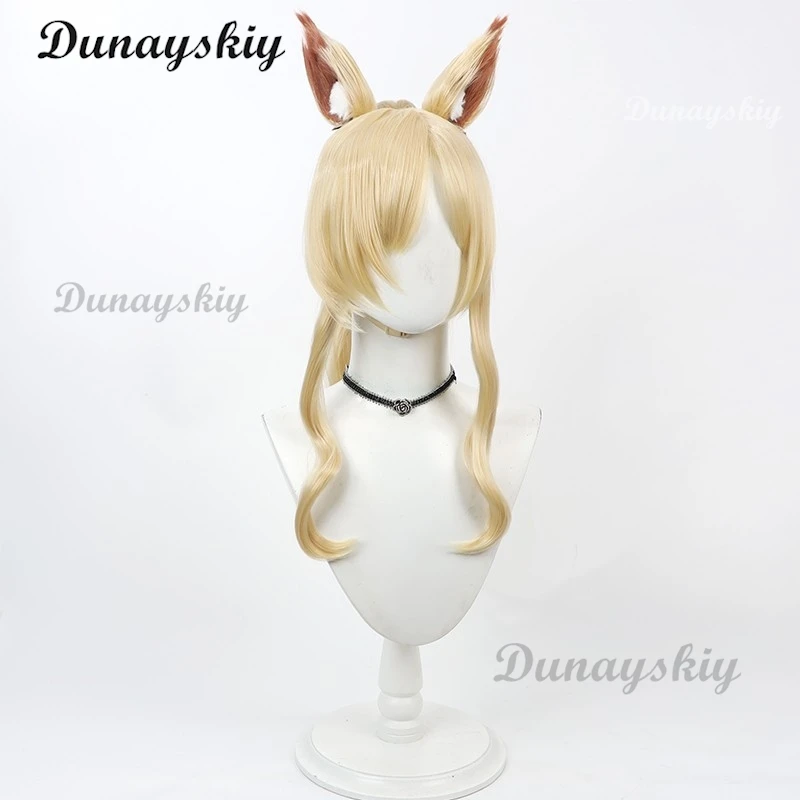 Blue Archive Ogata Kanna Cosplay-Perücke mit Ohren, 60 cm, blonder Pferdeschwanz, Kunsthaar, hitzebeständig, für Halloween, Party, individuell
