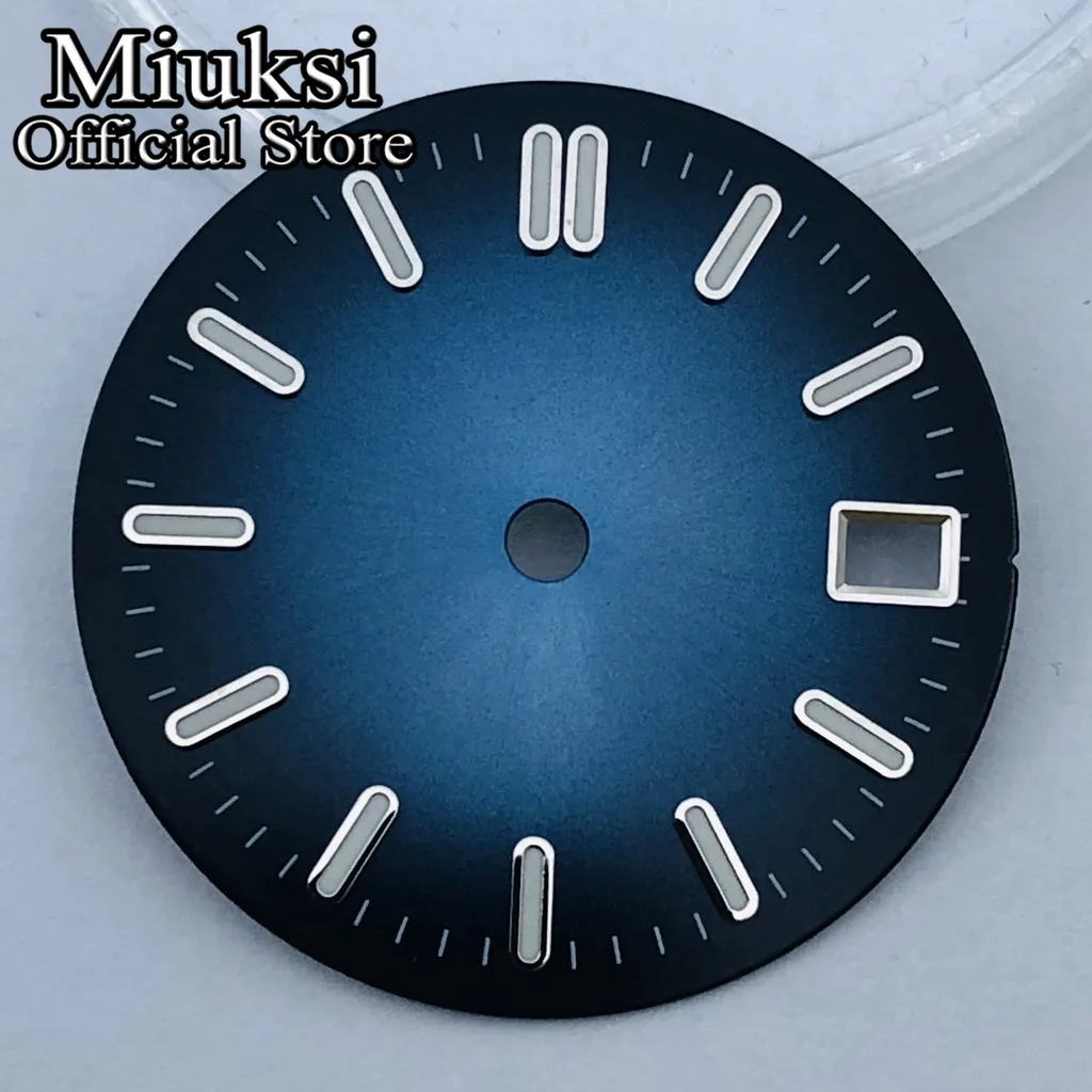 Miuksi 29mm sterile dial black blue green silver watch dial luminous fit NH35 movement fit 3 o\'clock crown 3.8 o\'clock crown