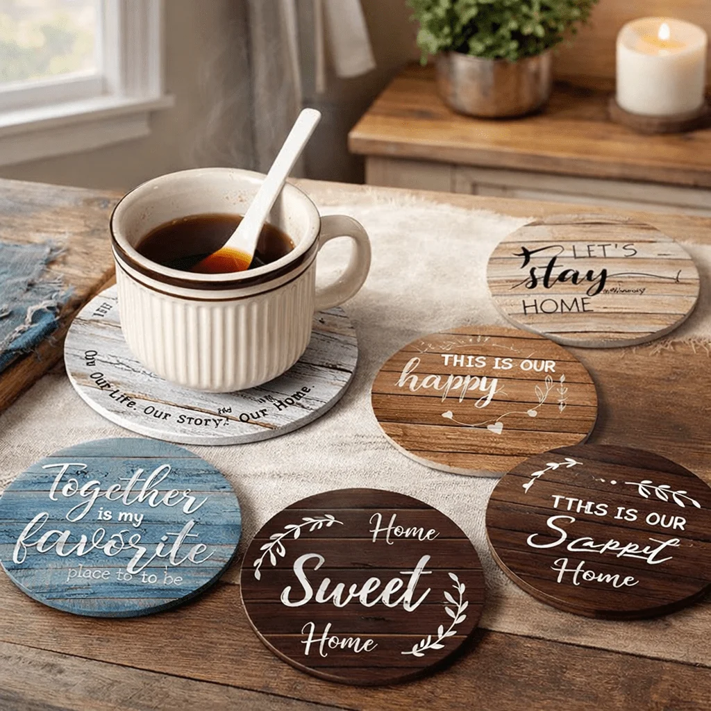 6Pcs Acrylic Cup Mats for Home Decor, Farmhouse Style Coasters, Drink Coasters for Coffee Table Protection for Family & Friends