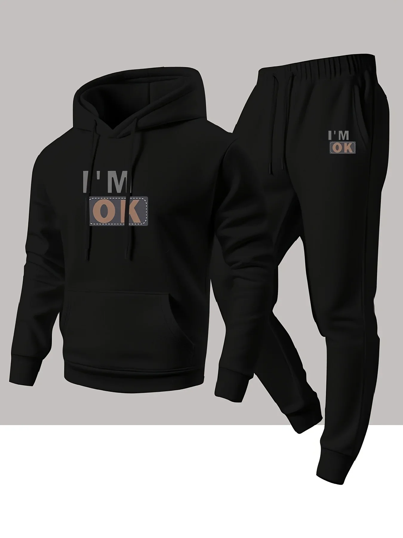 2026 I'm Ok Letter Printed Sportswear Set Men's Hooded Sweatshirt Long Pants Set Spring and Autumn Winter Warm Suit