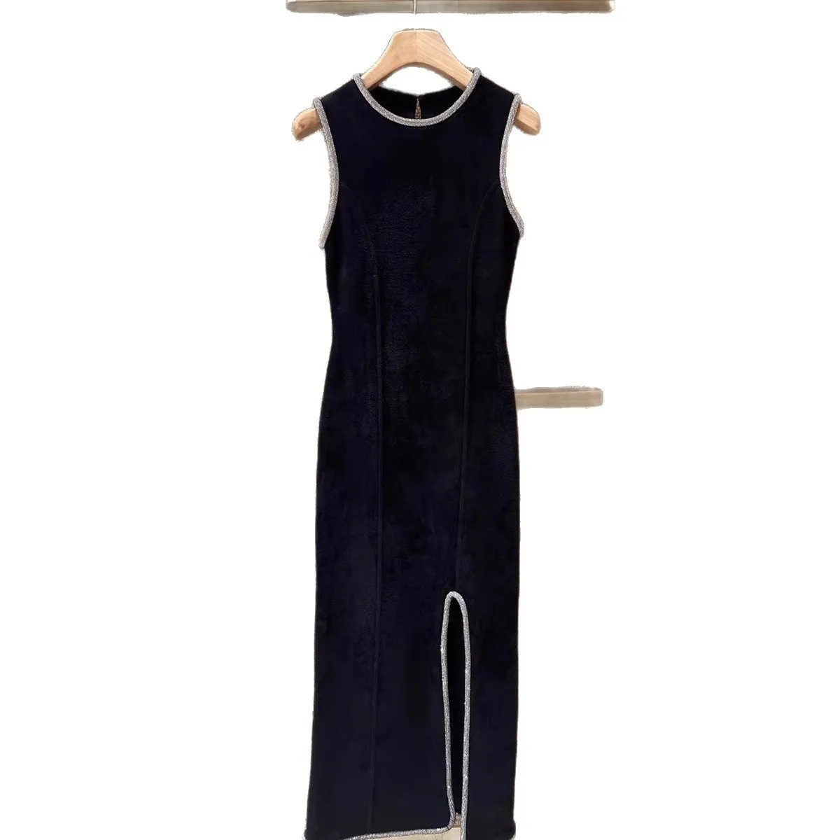 

Spring/Summer Women Sleeveless O-Neck Rhinestone Trim Slit Solid Knit Dress Hign Waist Slim Elegant Party Midi Skirt