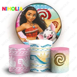 Disney Moana Princess Backdrop Round Cover Girls Birthday Party Decor Cute Pig  Vinyl Polyester Photo Background Cylinder Covers