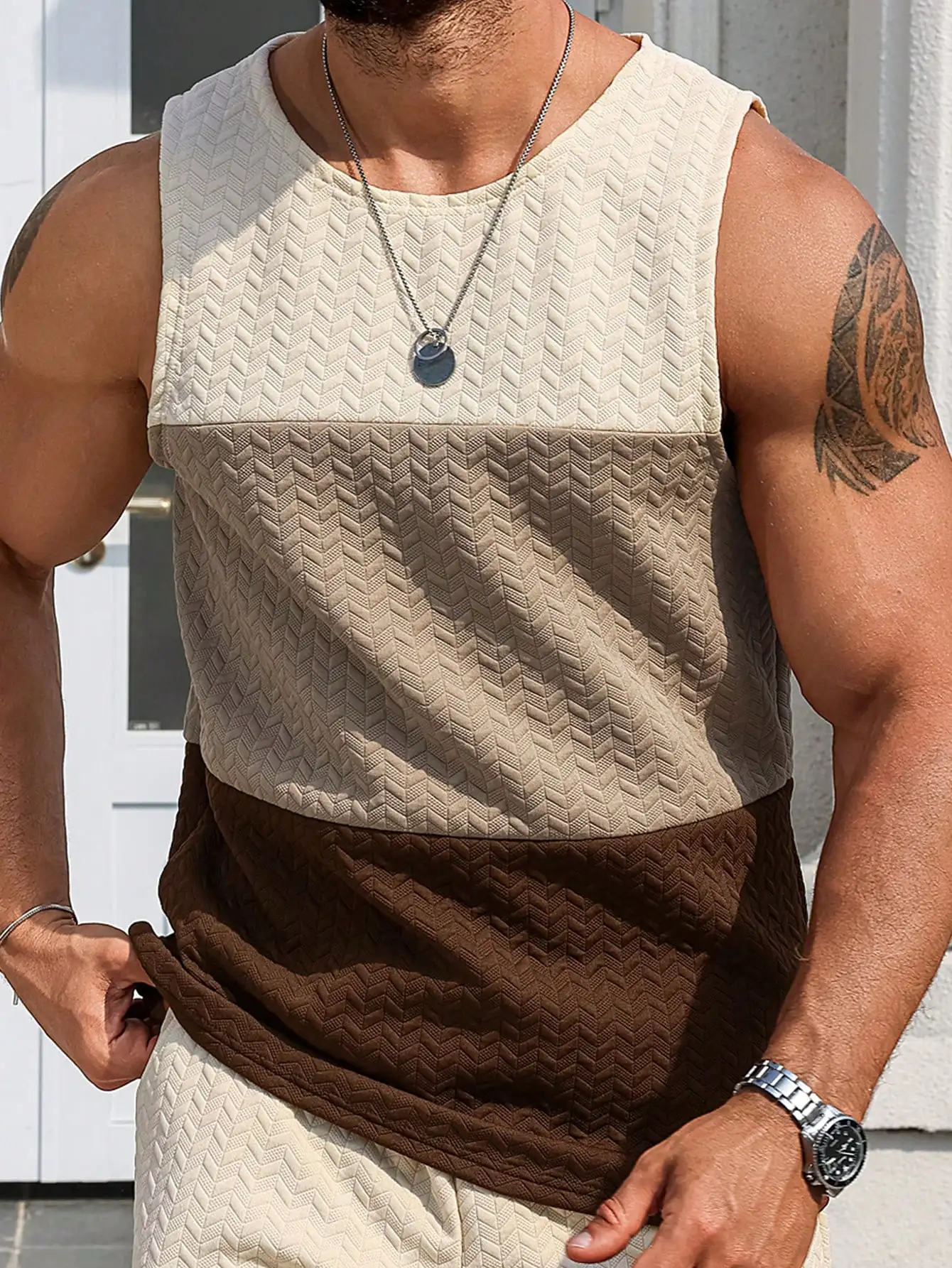 

Men's Colorblock Textured Knit Tank Top - Casual Streetwear Style, Summer Lightweight