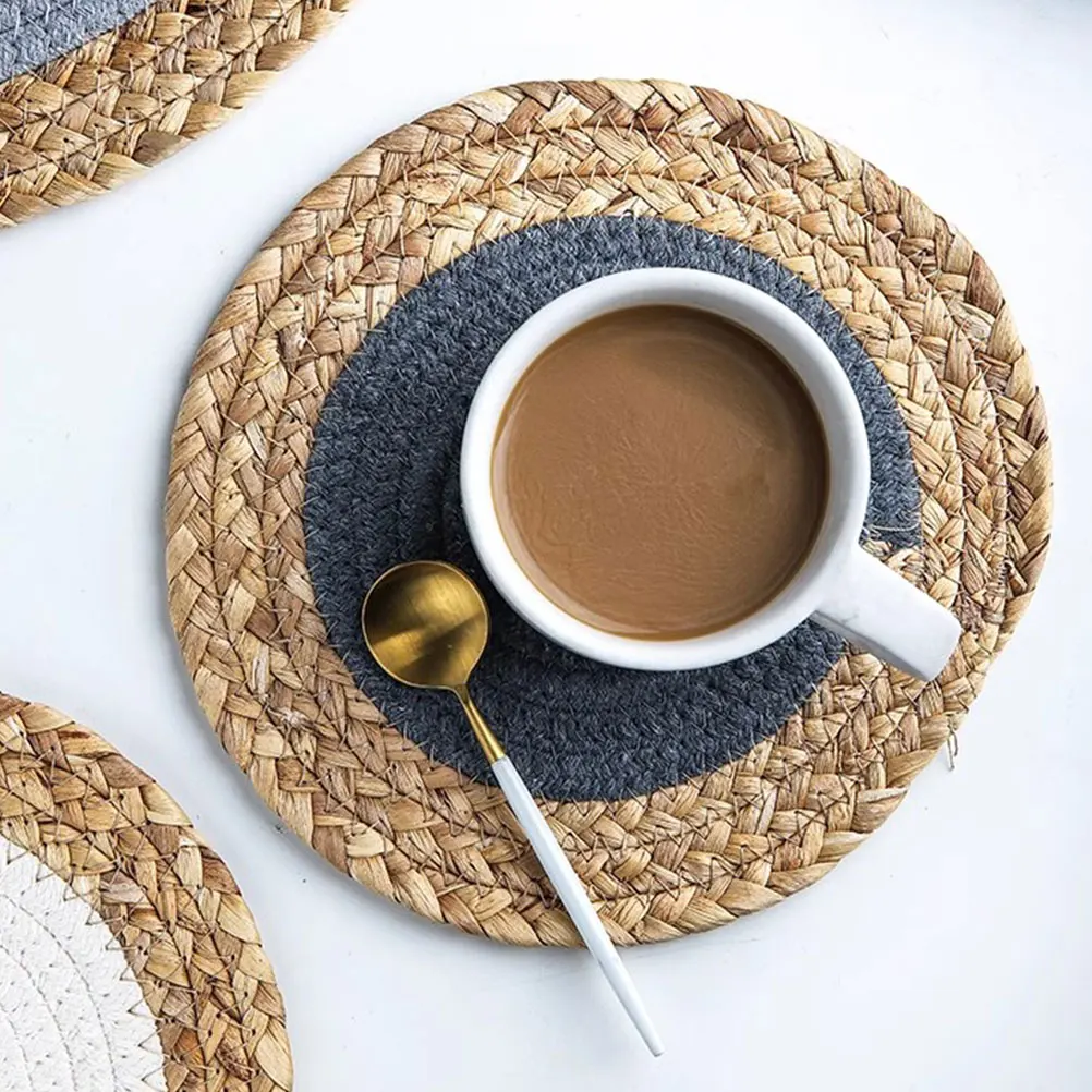 

2Pcs Heat Resistant Straw Placemat Round Table Mat Woven Anti Scald Kitchen Tableware Insulated Coasters Anti-Scald Coaster