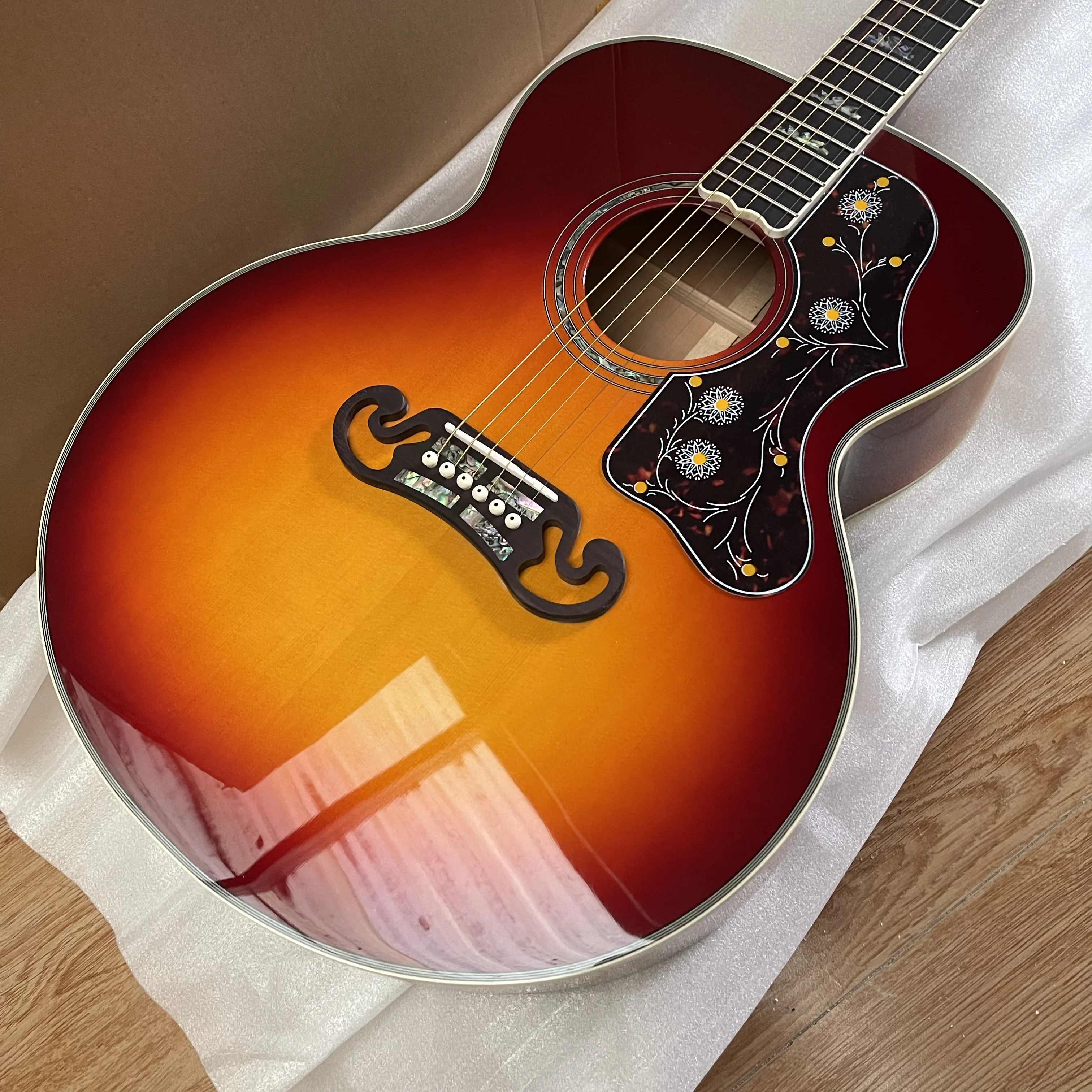 In Stock New SJ200 Acoustic Guitar Solid Wood Abalone Inlay/binding Bone Nut/Saddle In Cherry SunBurst  J200 241115