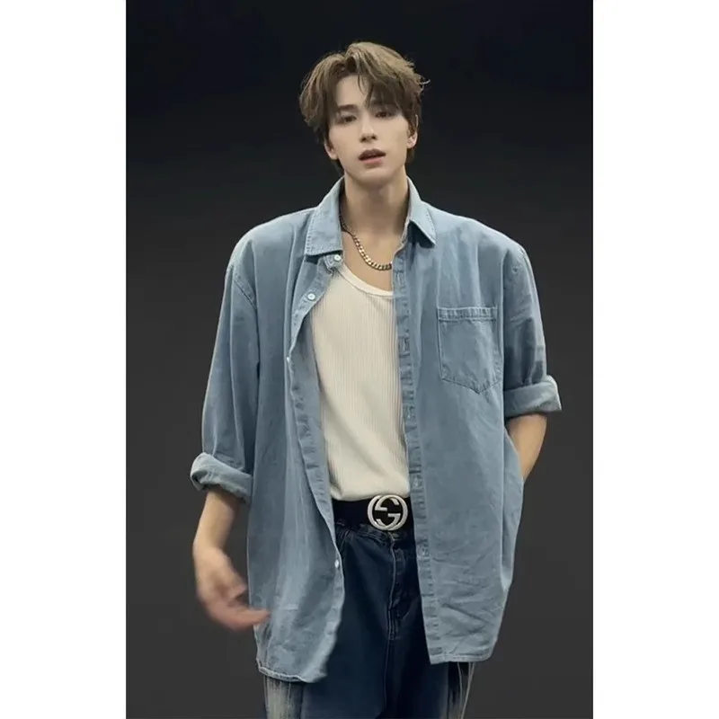 

Light Blue Washed Denim Shirt Men's Casual Long Sleeve Spring Summer High End Feeling Cool American Retro Style Outerwear