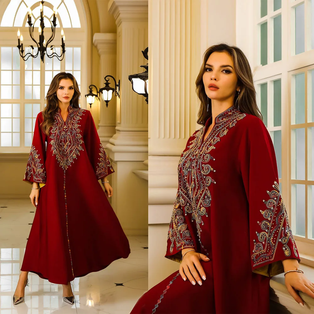 

Muslim Loose Dress Colorful Floral Embroidery Rope Abaya Middle East Women Robe Islamic Fashion V-neck Gown Long Jalabiya Eid