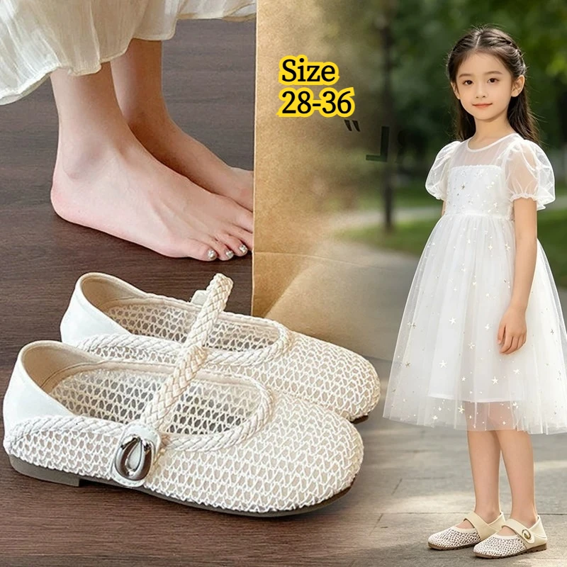 Children's Flat Sandals Ages 3–18 Beige Openwork Knitting Girls' Outerwear Slip-on Shoes Shallow Mouth Kids Baby Sandals Shoes