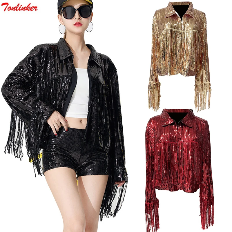 Women Sequin Fashion Tassel Cardigan 2023 Spring Summer New Casual Loose Coat Shiny Black Short Jacket Outwear Tops